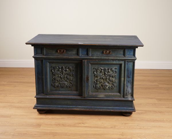 A 19TH CENTURY CONTINENTAL OAK LATER BLUE PAINTED TWO DOOR SIDE CABINET