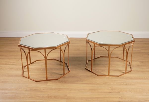 A PAIR OF OCTAGONAL MIRROR-TOPPED FAUX GILT BRONZE OCCASIONAL TABLES (2)