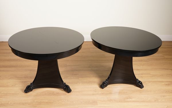 RALPH LAUREN; A PAIR OF BLACK LACQUERED CIRCULAR OCCASIONAL TABLES OF CHARLES X FRENCH DESIGN (2)