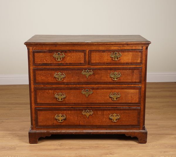 A GEORGE III MAHOGANY BANDED OAK CHEST OF DRAWERS