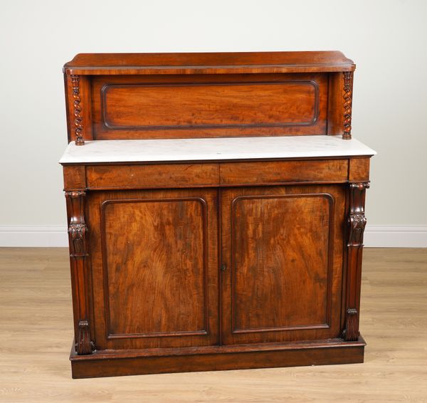 A VICTORIAN MARBLE TOPPED MAHOGANY SHELF BACK CHIFFONIER