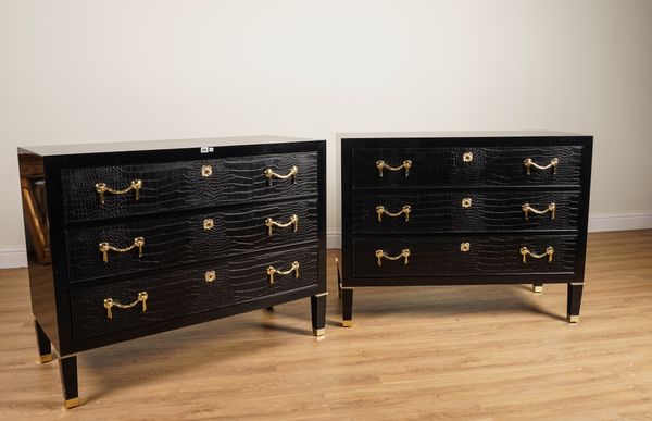 RALPH LAUREN; A PAIR OF BROOK STREET  BLACK LACQUER PARCEL GILT AND FAUX CROCODILE SKIN LEATHER VENEERED THREE DRAWER CHESTS (2)