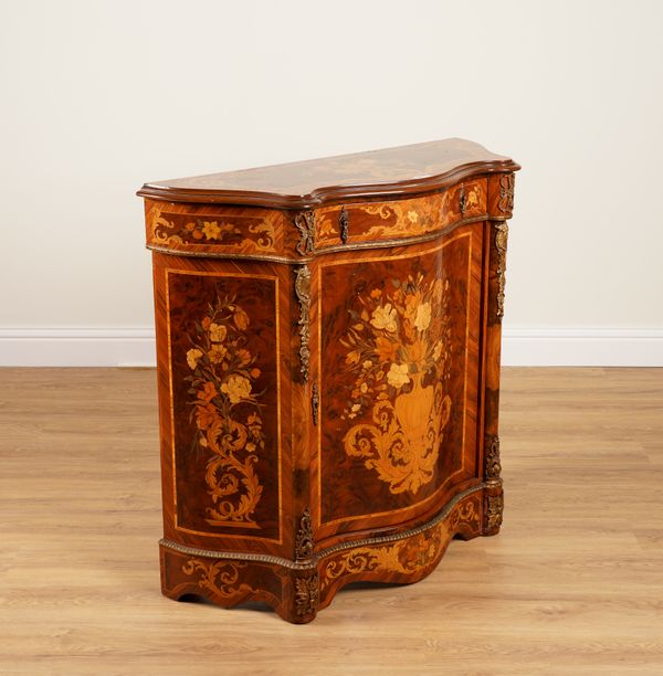 A CONTINENTAL GILT METAL MOUNTED WALNUT SERPENTINE  SINGLE DOOR SIDE CABINET