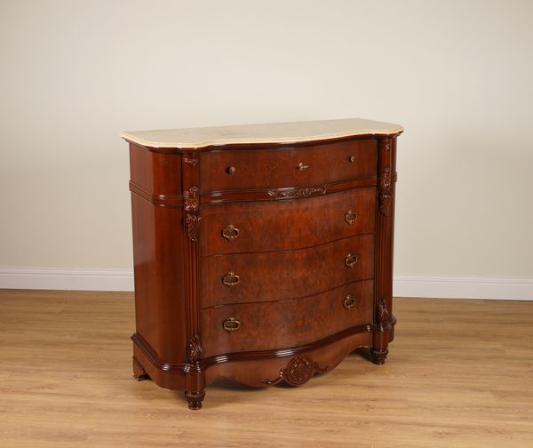 A MARBLE TOPPED INLAID MAHOGANY SECRETAIRE CHEST