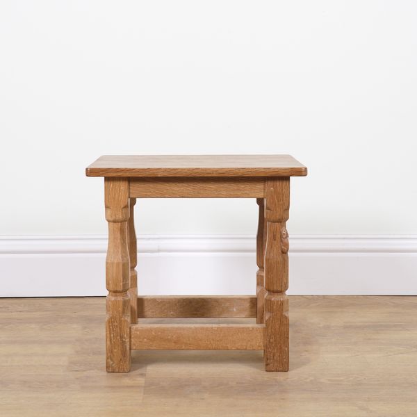 ROBERT MOUSEMAN THOMPSON OF KILBURN; AN OAK ADZED TOPPED RECTANGULAR STOOL