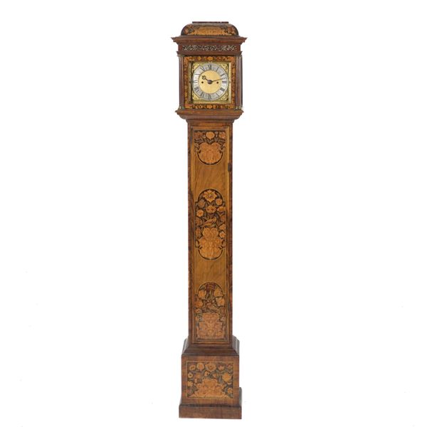 A SMALL WALNUT AND MARQUETRY QUARTER-CHIMING LONGCASE CLOCK