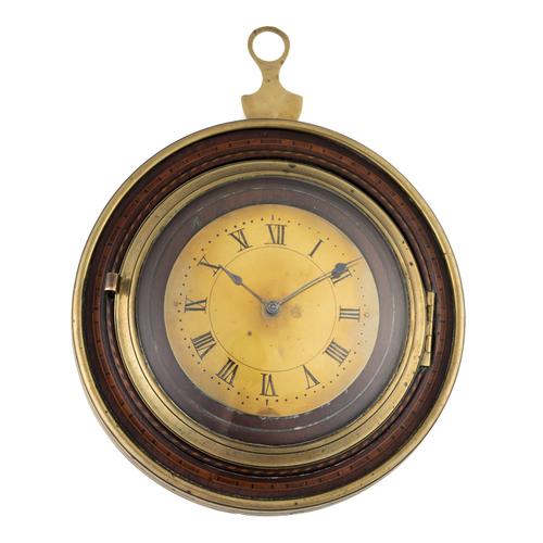 A GEORGE III BRASS, MAHOGANY AND CHEQUER INLAID SEDAN TIMEPIECE