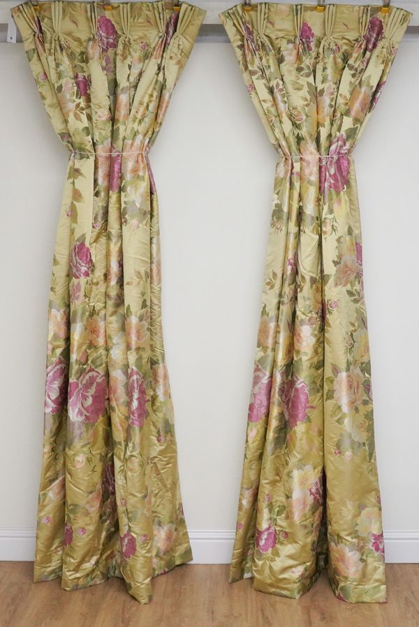 A PAIR OF FLORAL TRIPLE PLEATED INTERLINED SILK CURTAINS (2)