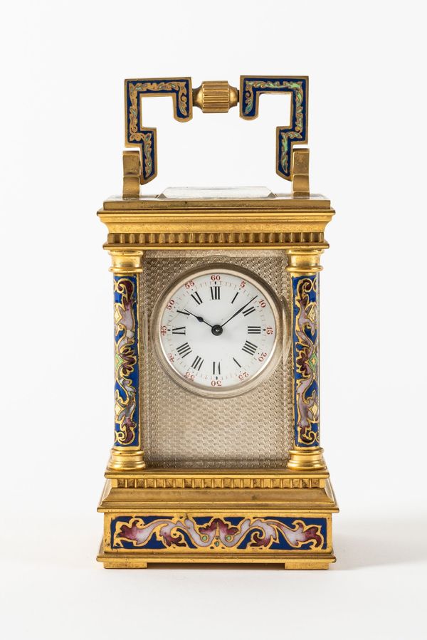 A FRENCH GILTBRASS AND CLOISONNÉ ENAMEL MINIATURE CARRIAGE TIMEPIECE FOR THE CHINESE MARKET