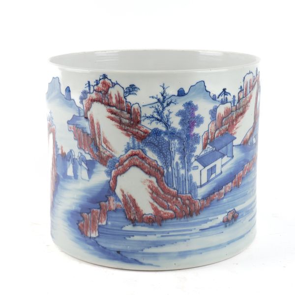 A LARGE CHINESE UNDERGLAZE -RED AND BLUE BRUSH POT