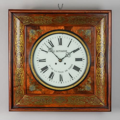 A NAPOLEON III ROSEWOOD AND CUT BRASS-INLAID WALL CLOCK