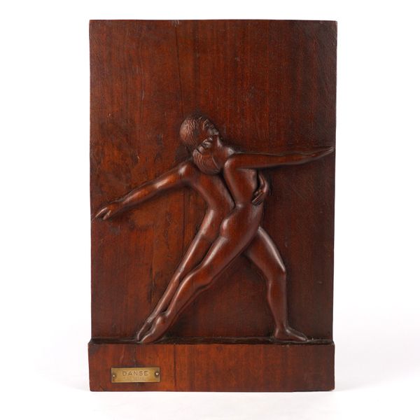 AN ART DECO STYLE RELIEF CARVED HARDWOOD PLAQUE  ENTITLED THE ‘DANSE’