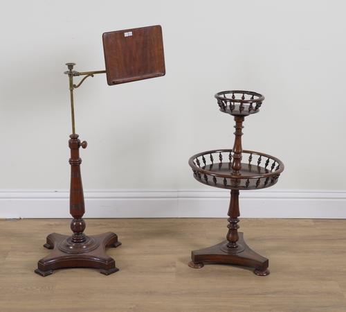 A 19TH CENTURY ROSEWOOD TWO TIER GALLERIED WOOL TABLE (2)