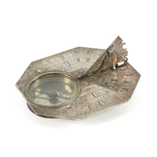 LANGLOIS, PARIS: A SILVER ENGRAVED BUTTERFIELD TYPE POCKET COMPASS-SUNDIAL