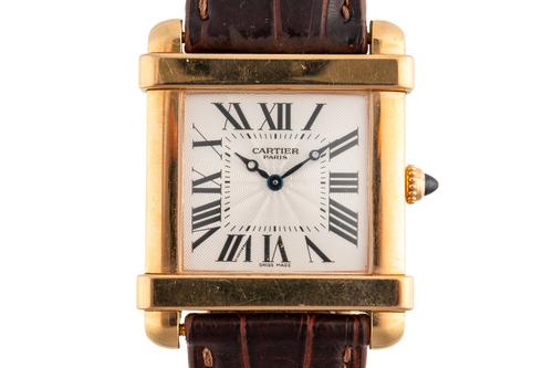 A CARTIER TANK CHINOISE 18CT GOLD SQUARE CASED WRISTWATCH