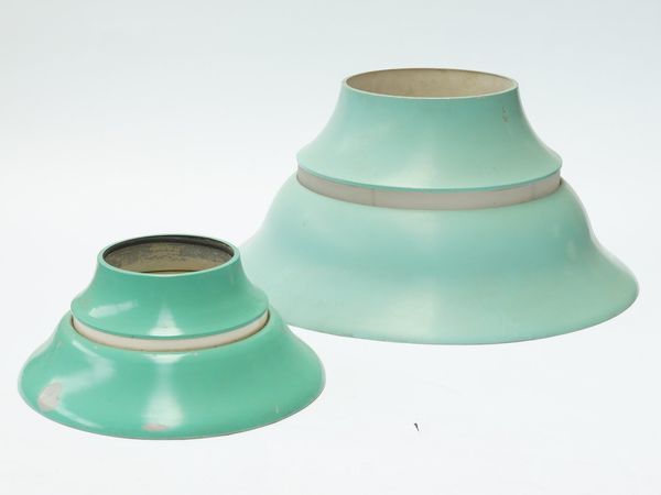 A LARGE PAIR OF MINT GREEN PLASTIC LAMP SHADES (3)