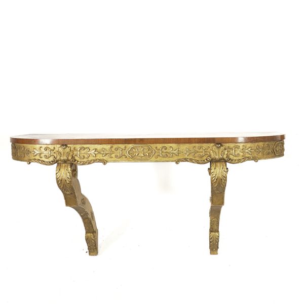 AN EARLY 20TH CENTURY MAHOGANY AND GILTWOOD D SHAPED CONSOLE TABLE (2)