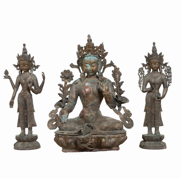 A PAIR OF MODERN ASIAN METAL FIGURES, POSSIBLY TIBETAN, AND A LARGER SEATED FIGURE OF TARA