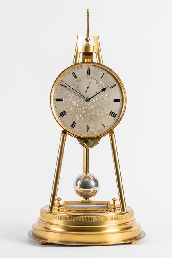 A RARE AND UNUSUAL GILT BRASS TRIPOD CLOCK WITH BAROMETER AND THERMOMETER