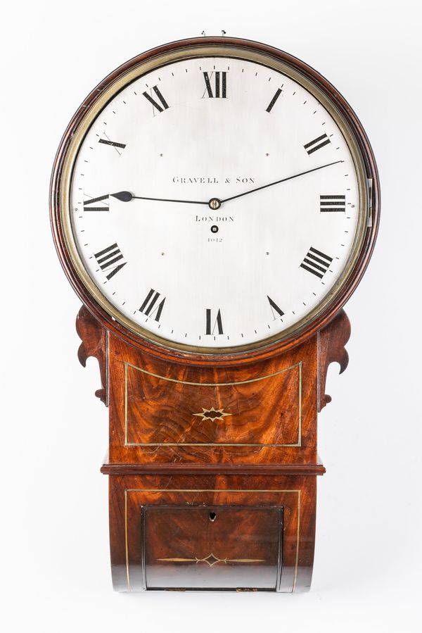 A MAHOGANY AND BRASS LINE INLAID DROP DIAL CLOCK