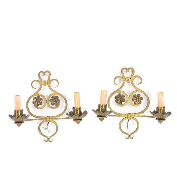 A PAIR OF SPANISH 1960S STYLE GILT AND WROUGHT IRON TWIN LIGHT WALL APPLIQUES (2)