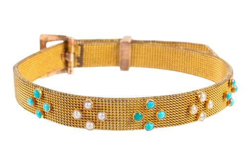 A TURQUOISE AND PEARL BUCKLE BRACELET