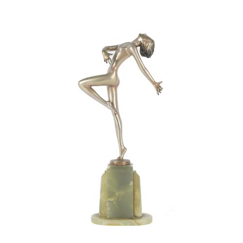 AFTER LORENZL: A SILVERED BRONZE MODEL OF A DANCER ON A GREEN ONYX BASE