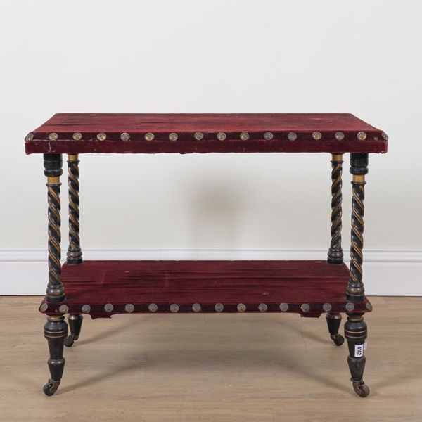 A LATE VICTORIAN EBONISED PARCEL GILT RECTANGULAR TWO TIER ETAGERE
