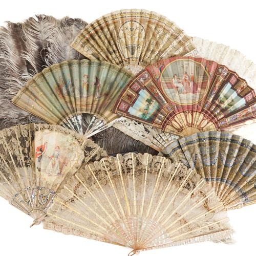 A NEO-CLASSICAL PAINTED FAN AND VARIOUS OTHER PAINTED AND MOTHER-OF-PEARL LACE FANS (17)