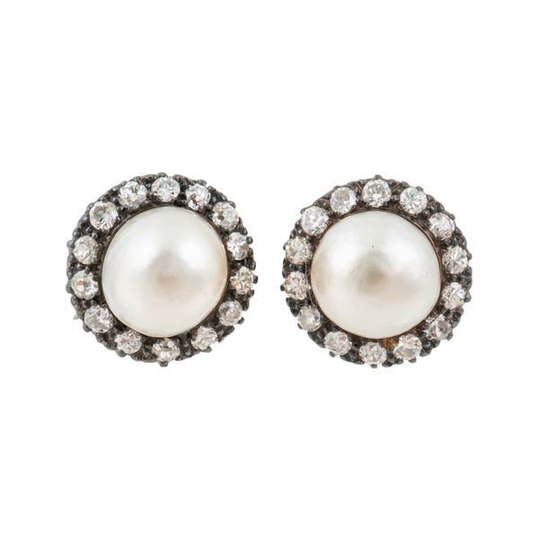 A PAIR OF PEARL AND DIAMOND CLUSTER EARRINGS