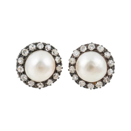 A PAIR OF PEARL AND DIAMOND CLUSTER EARRINGS