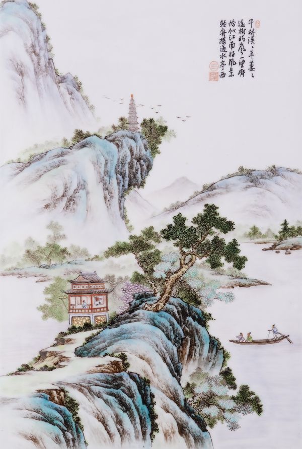 A CHINESE FAMILLE-ROSE RECTANGULAR PORCELAIN PANEL