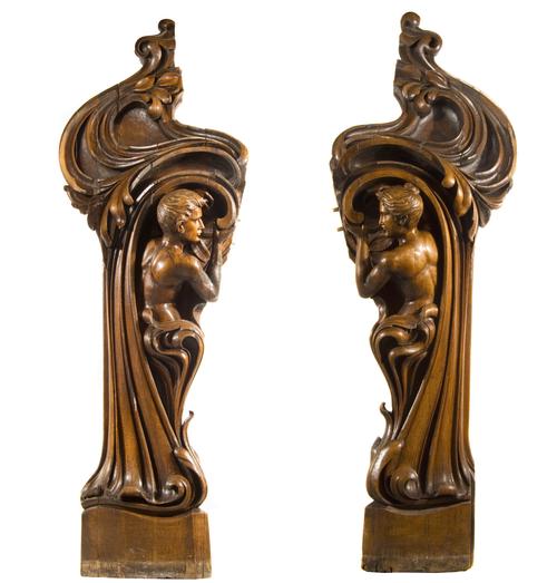 A PAIR OF ART NOUVEAU CARVED FIGURAL FIREPLACE JAMBS (2)