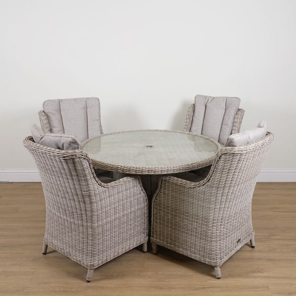 ROYAL CRAFT; A RATTAN GLASS INSET CIRCULAR GARDEN TABLE (5)