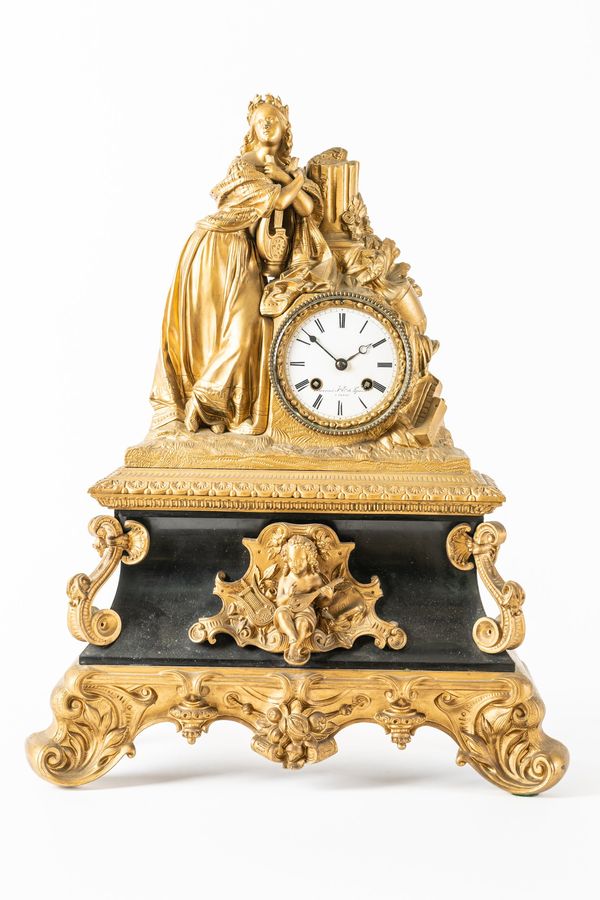 A FRENCH GILTMETAL AND MARBLE MANTEL CLOCK