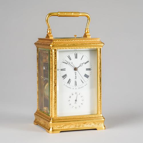 A FRENCH ENGRAVED GILT BRASS STRIKING AND REPEATING CARRIAGE CLOCK WITH ALARM FOR THE CHINESE MARKET