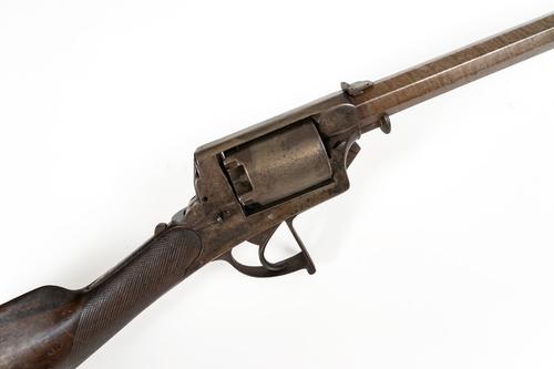 A PERCUSSION REVOLVING RIFLE, INDISTINCTLY SIGNED