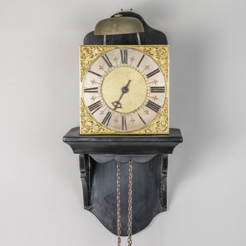 A LATE GEORGE II 30-HOUR BIRDCAGE MOVEMENT WALL CLOCK AND BRACKET