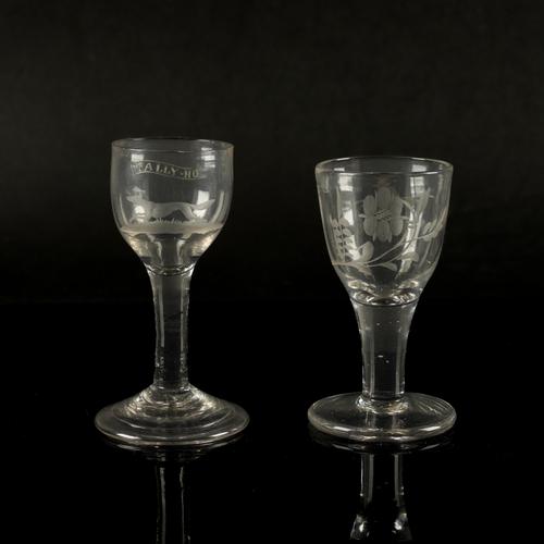 TWO SMALL ENGRAVED PLAIN-STEMMED WINE GLASSES (2)