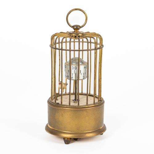 A GERMAN BRASS NOVELTY BIRD CAGE TIMEPIECE WITH ALARM