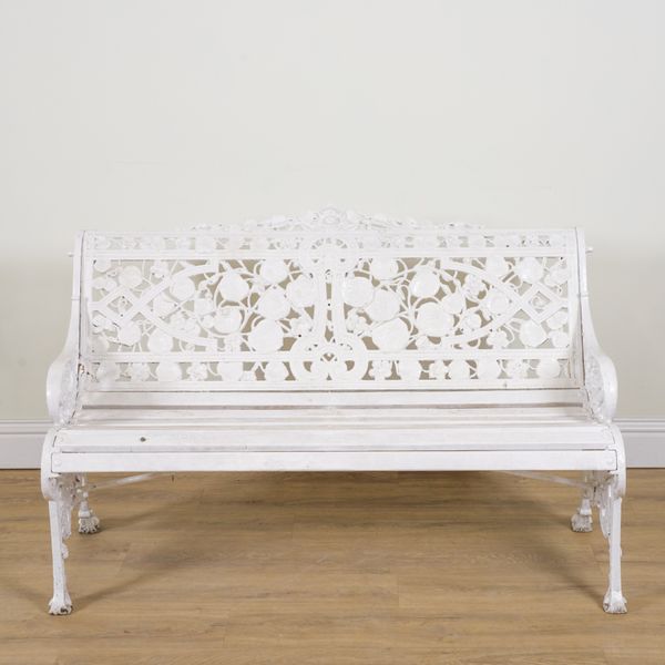 AFTER COALBROOKDALE; A NASTURTIUM PATTERN WHITE PAINTED METAL GARDEN BENCH