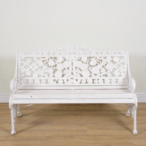 AFTER COALBROOKDALE; A NASTURTIUM PATTERN WHITE PAINTED METAL GARDEN BENCH