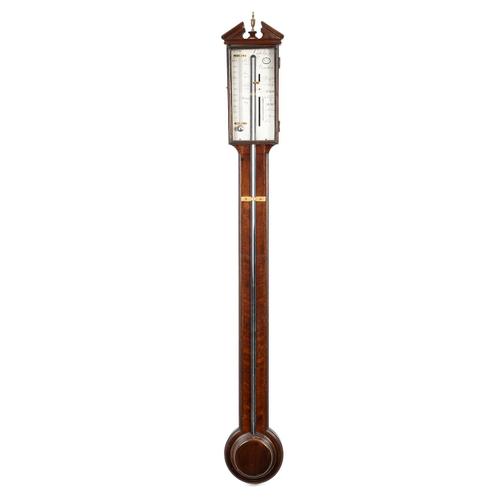 A GEORGE III MAHOGANY AND CHEQUER-STRUNG STICK BAROMETER