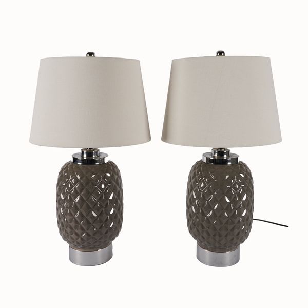 A PAIR OF CHROME-PLATED AND GREY GLAZED TABLE LAMPS TOGETHER WITH ANOTHER PAIR (4)