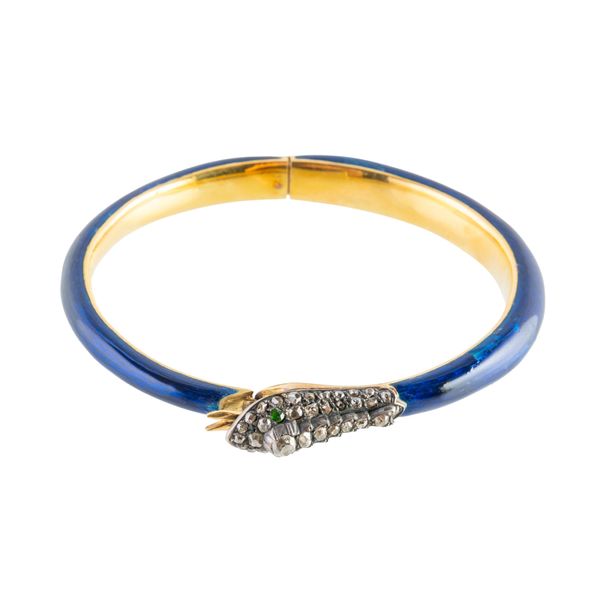 A BLUE ENAMEL, DIAMOND AND DEMANTOID GARNET SNAKE BANGLE