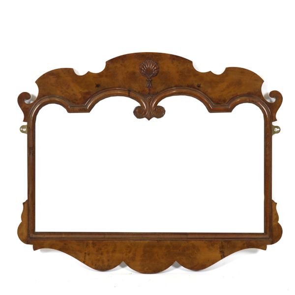 A GEORGE II STYLE FIGURED WALNUT OVERMANTEL MIRROR (2)`