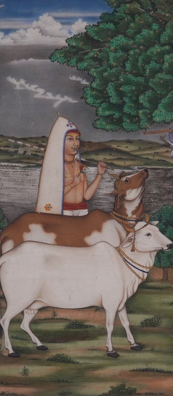 AN INDIAN PAINTING OF A GOPI WITH CATTLE (CUT DOWN)