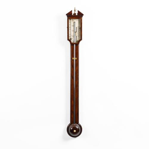 A GEORGE III MAHOGANY CHEQUER-STRUNG STICK BAROMETER