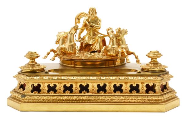 A VICTORIAN NEO-CLASSICAL STYLE ORMOLU INKSTAND DEPICTING POSEIDON DRIVING A CHARIOT