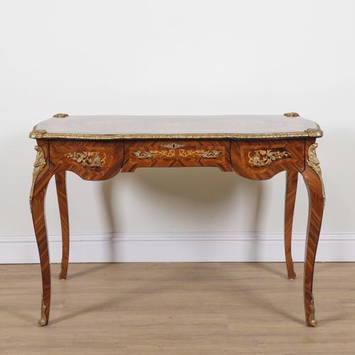 A LOUIS XV STYLE GILT METAL MOUNTED MARQUETRY INLAID WALNUT WRITING DESK